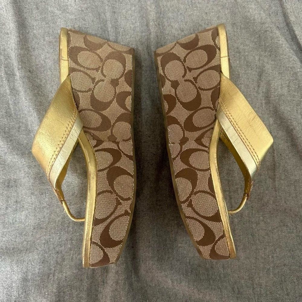 Coach Women's Gold and Tan Wedge Sandals - Picture 6 of 8
